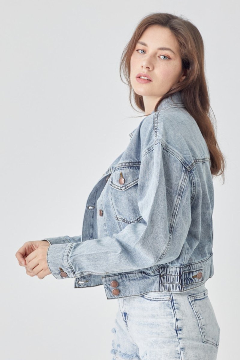 RISEN Full Size Button Down Cropped Denim Jacket - Outerwear