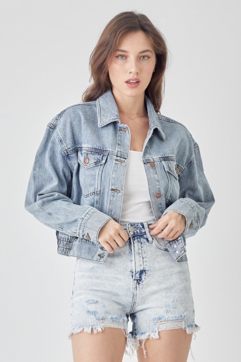 RISEN Full Size Button Down Cropped Denim Jacket - Outerwear