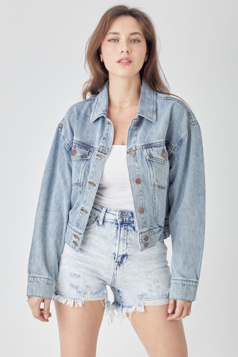 RISEN Full Size Button Down Cropped Denim Jacket - Outerwear