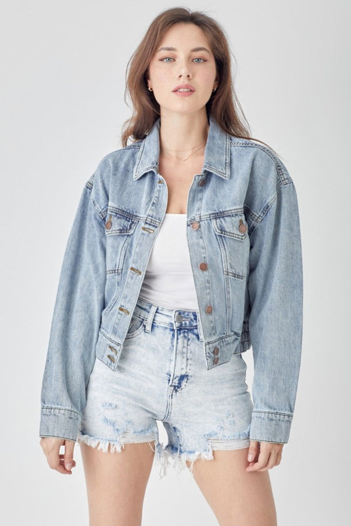 RISEN Full Size Button Down Cropped Denim Jacket - Outerwear