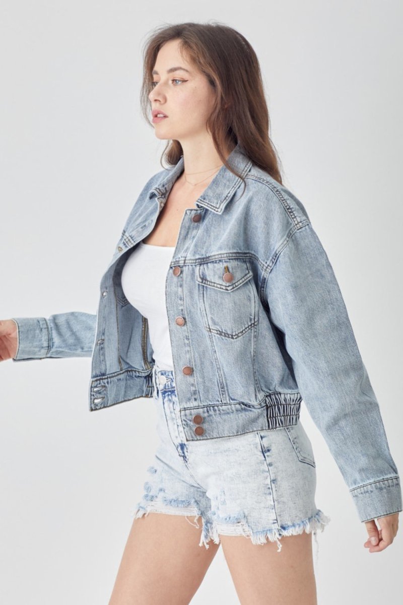 RISEN Full Size Button Down Cropped Denim Jacket - Outerwear