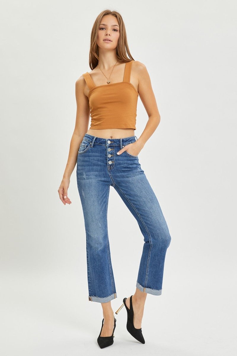 RISEN Full Size Button Fly Cropped Bootcut Jeans - Bottoms
