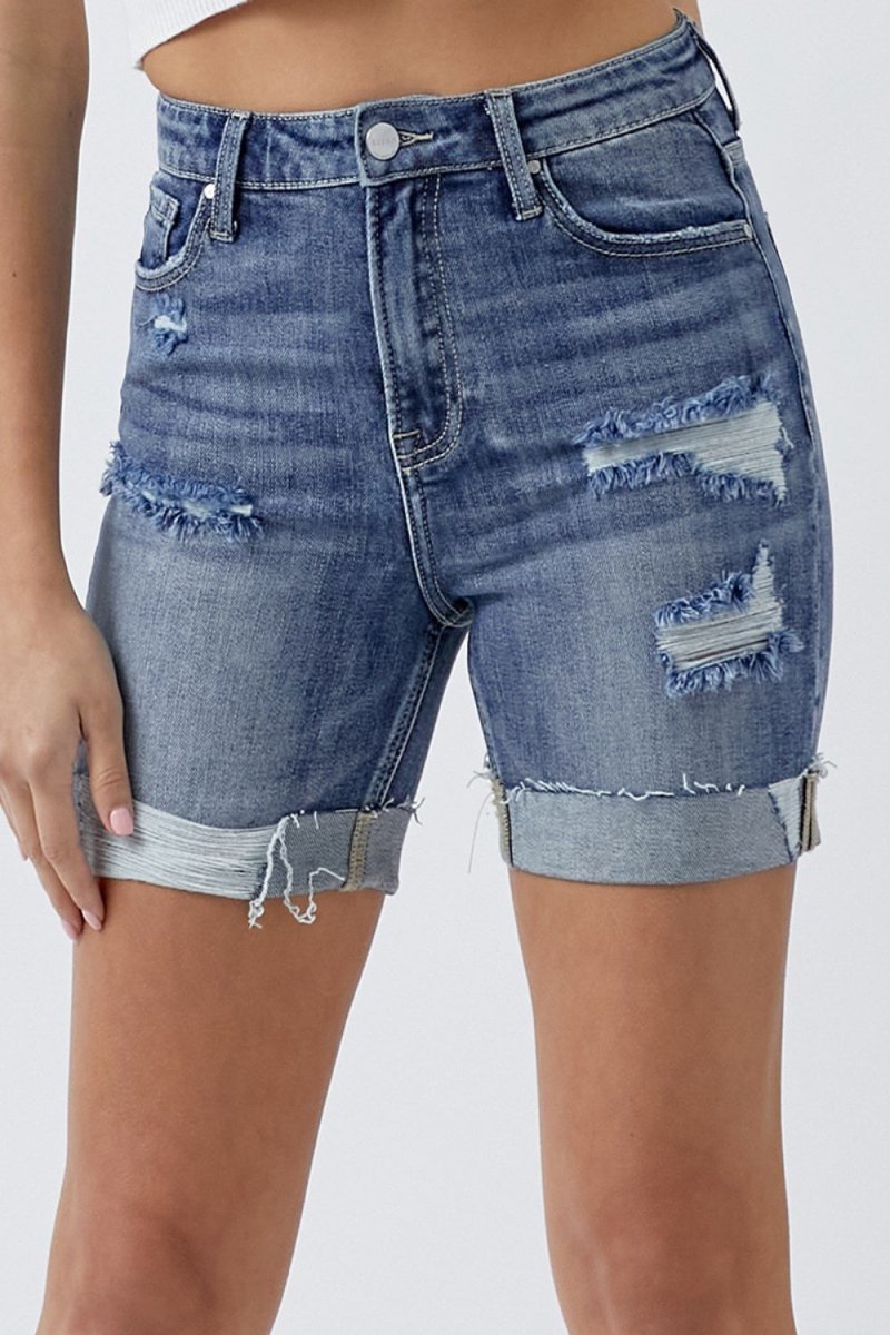 RISEN Full Size Distressed Rolled Denim Shorts with Pockets - Bottoms