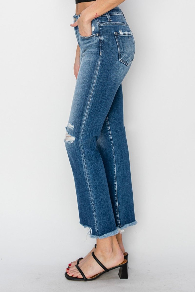 RISEN Full Size Frayed Step Hem Ankle Straight Jeans - Bottoms