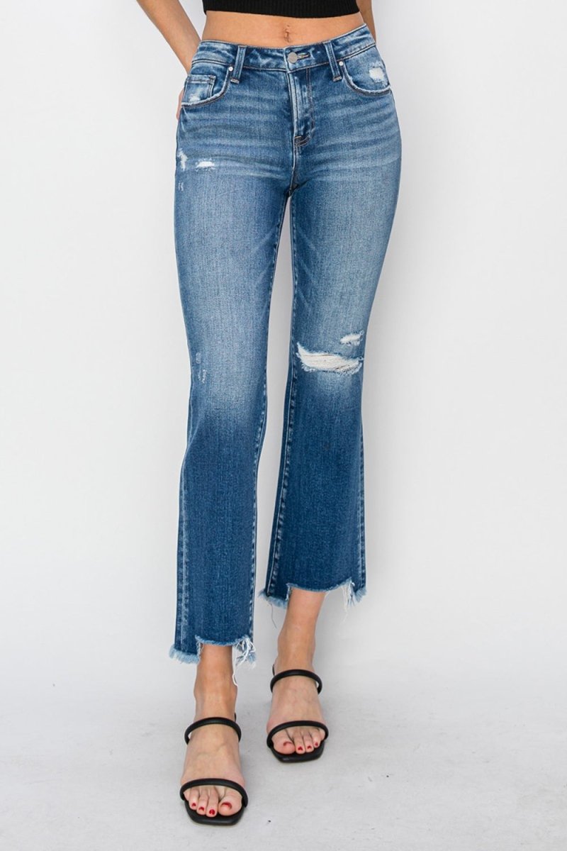 RISEN Full Size Frayed Step Hem Ankle Straight Jeans - Bottoms