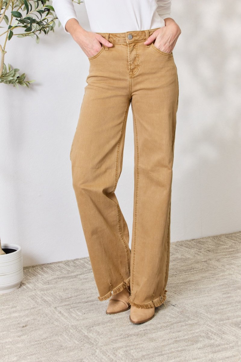 RISEN Full Size Fringe Hem Wide Leg Jeans - Bottoms