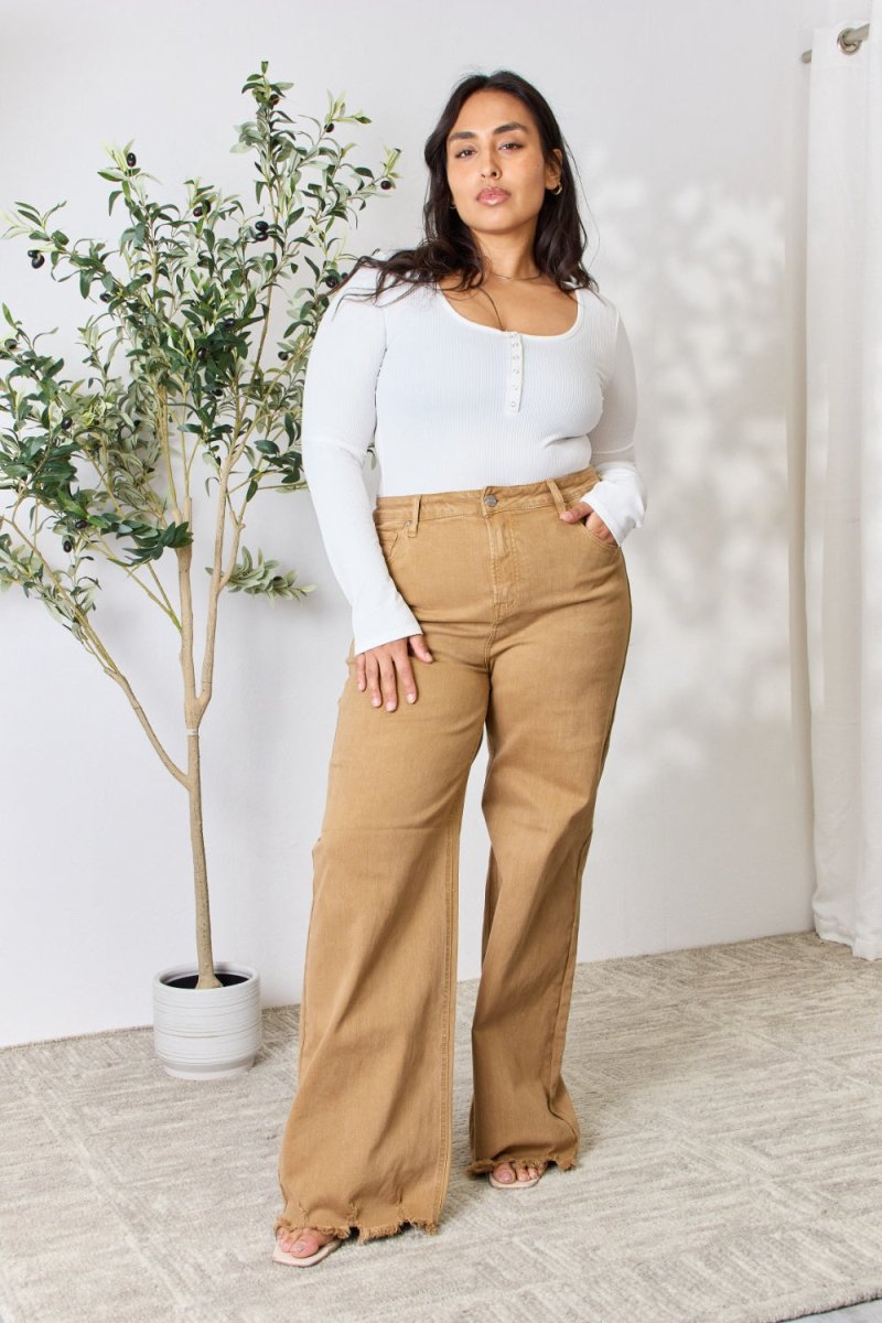 RISEN Full Size Fringe Hem Wide Leg Jeans - Bottoms