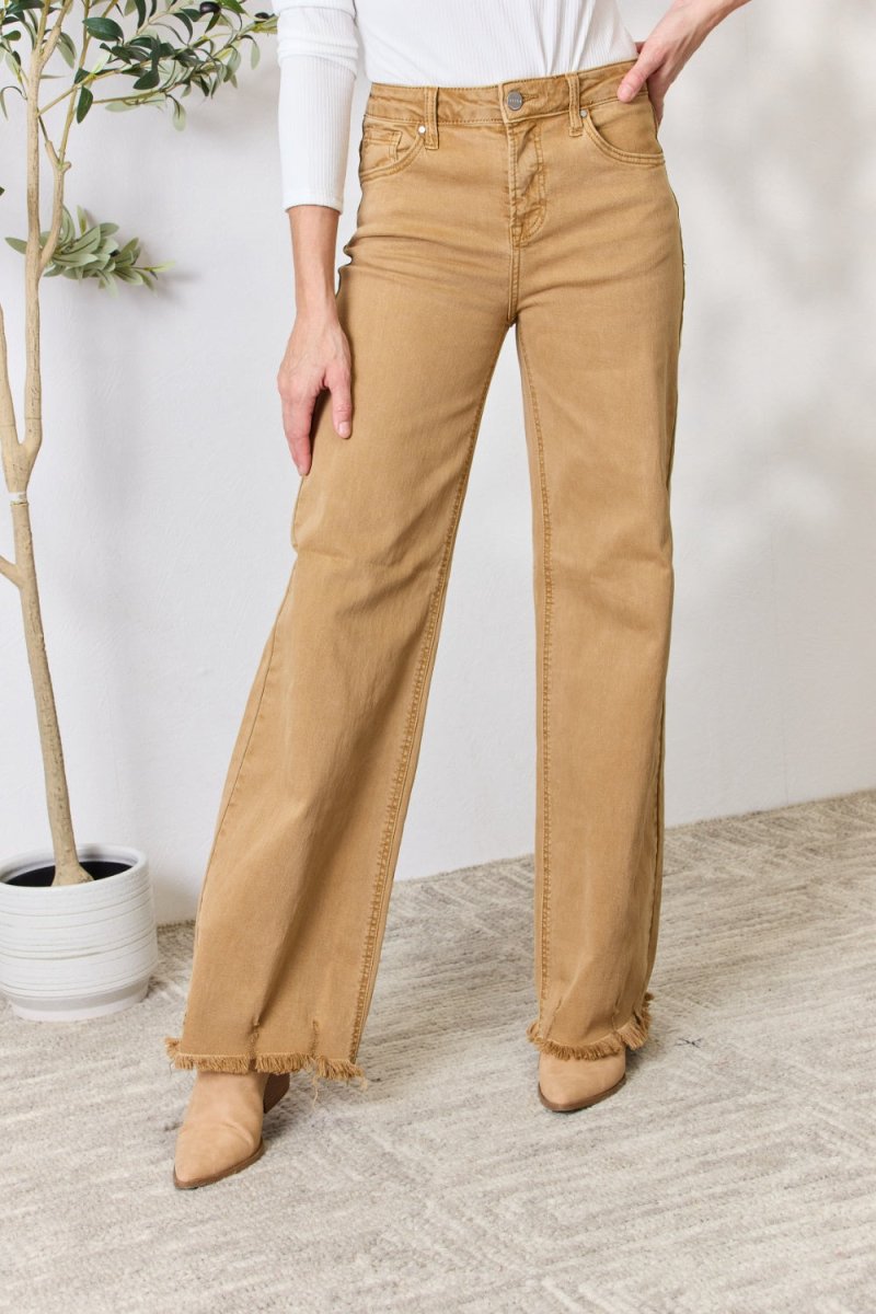RISEN Full Size Fringe Hem Wide Leg Jeans - Bottoms