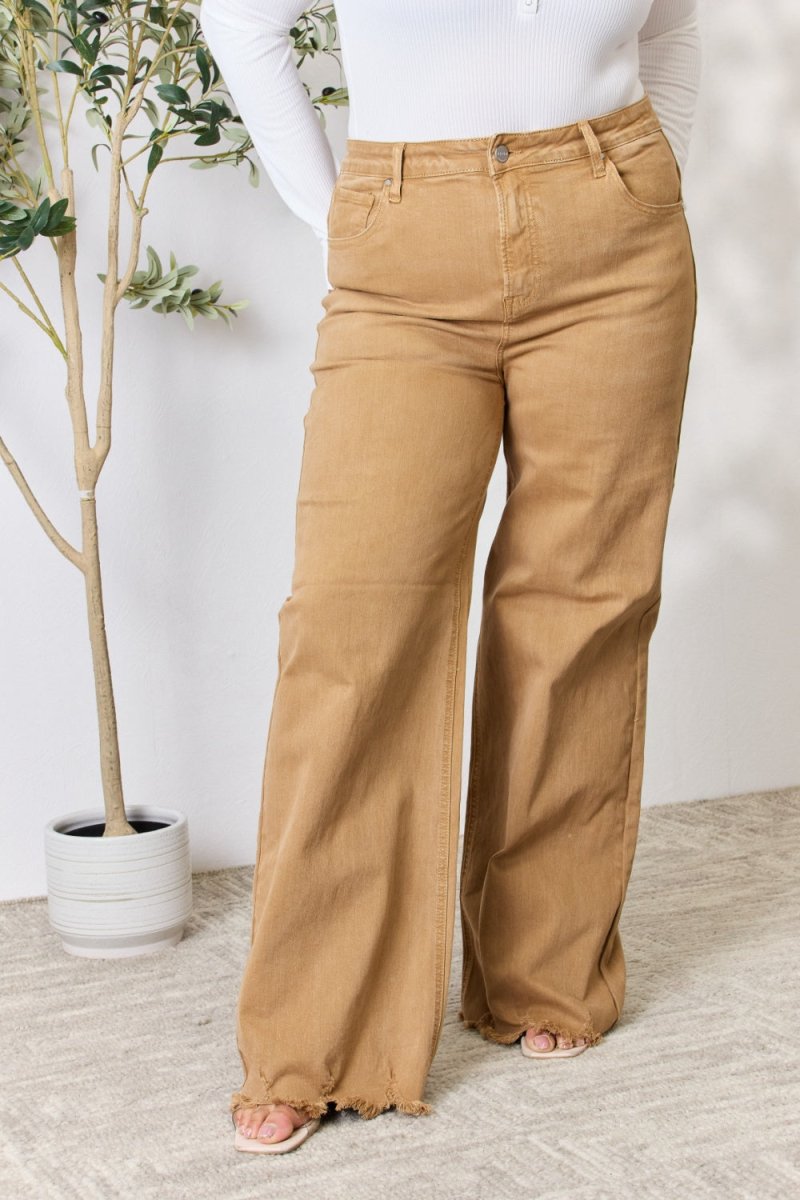 RISEN Full Size Fringe Hem Wide Leg Jeans - Bottoms