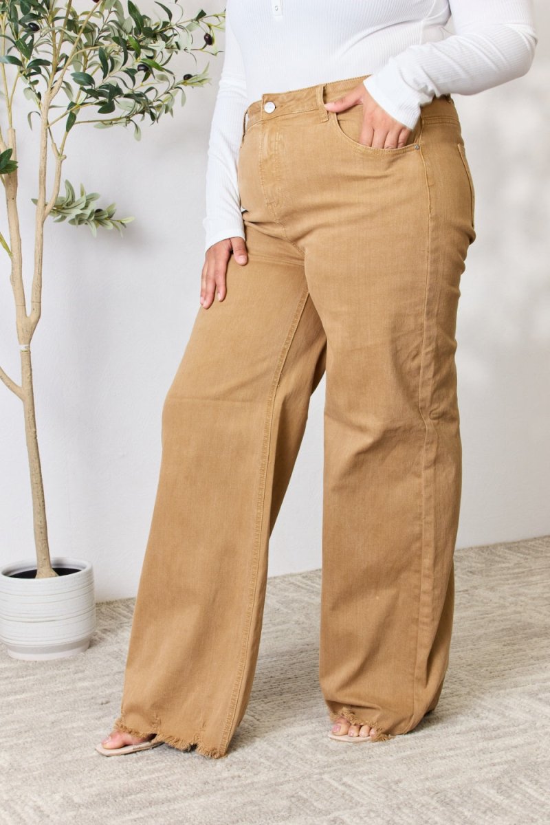 RISEN Full Size Fringe Hem Wide Leg Jeans - Bottoms