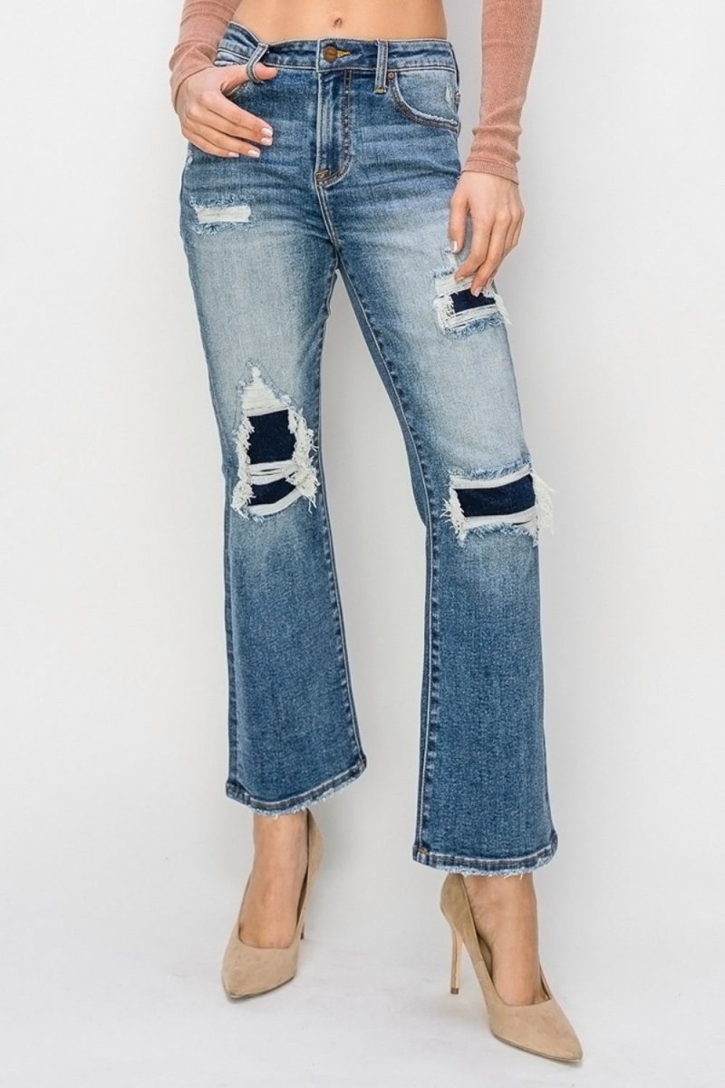 Risen Full Size High Rise Distressed Ankle Flare Jeans - Bottoms
