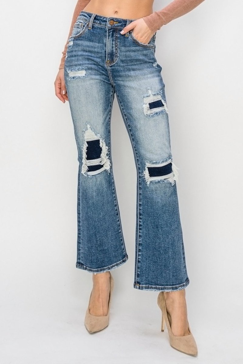 Risen Full Size High Rise Distressed Ankle Flare Jeans - Bottoms