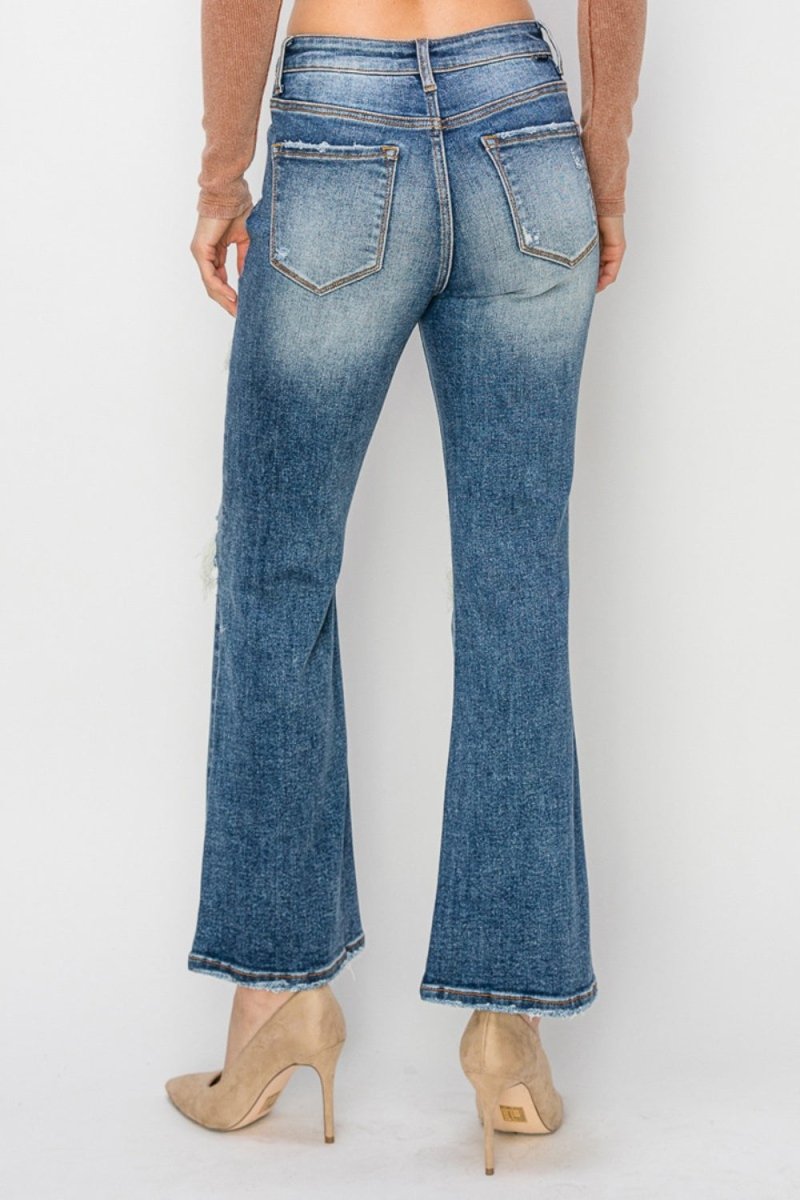 Risen Full Size High Rise Distressed Ankle Flare Jeans - Bottoms