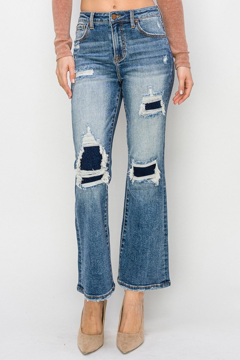 Risen Full Size High Rise Distressed Ankle Flare Jeans - Bottoms