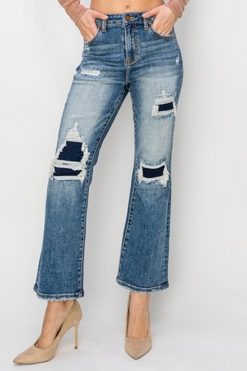 Risen Full Size High Rise Distressed Ankle Flare Jeans - Bottoms
