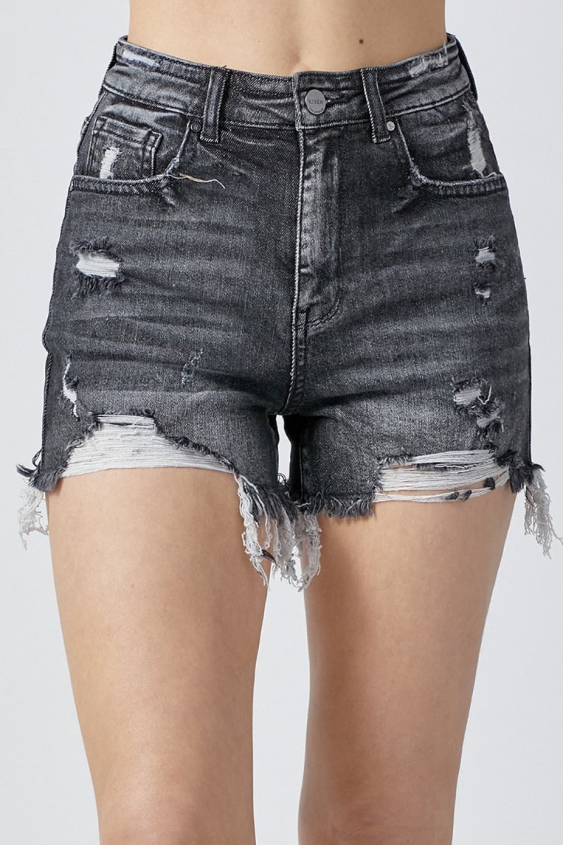 RISEN Full Size High Rise Distressed Denim Shorts - Bottoms