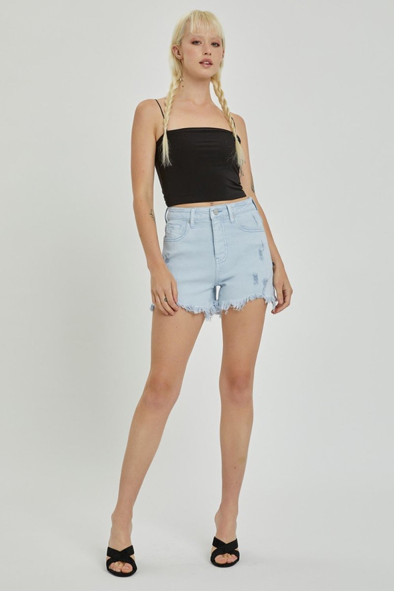 RISEN Full Size High Rise Distressed Detail Denim Shorts - Bottoms