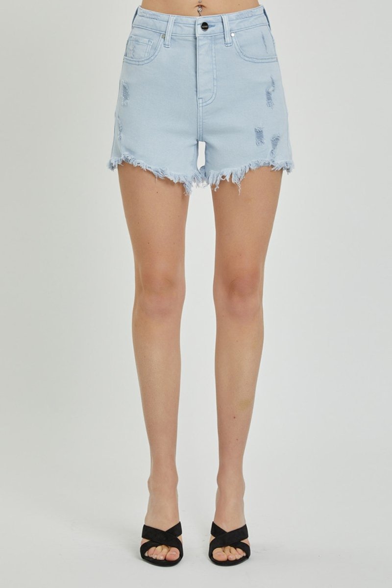 RISEN Full Size High Rise Distressed Detail Denim Shorts - Bottoms