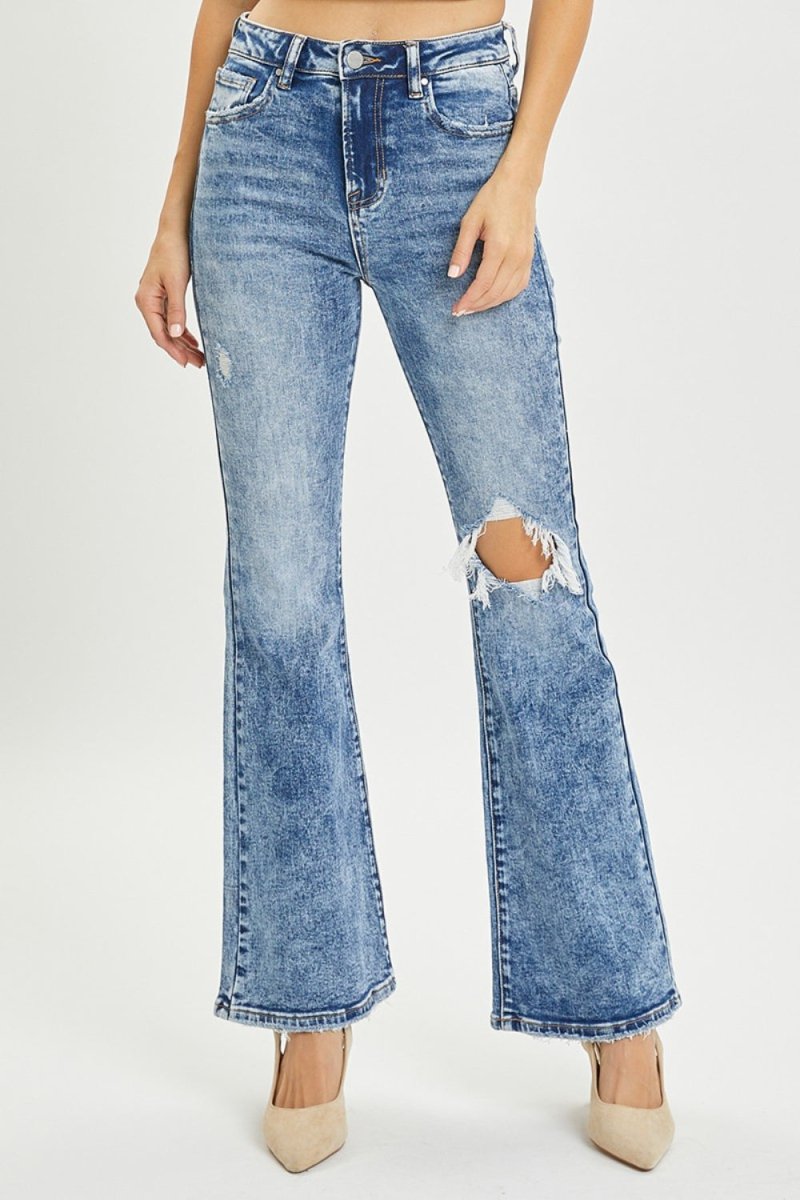 RISEN Full Size High Rise Distressed Flare Jeans - Bottoms
