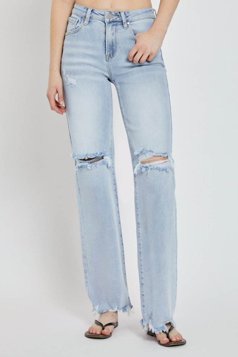 RISEN Full Size High Rise Distressed Wide Leg Jeans - Bottoms