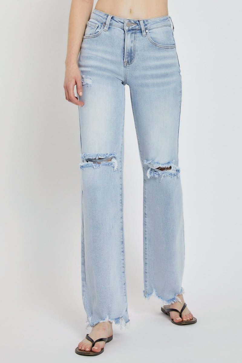 RISEN Full Size High Rise Distressed Wide Leg Jeans - Bottoms