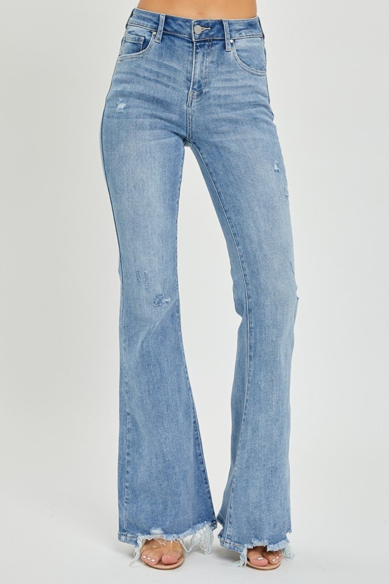 Risen Full Size High Rise Frayed Hem Flare Jeans - Bottoms
