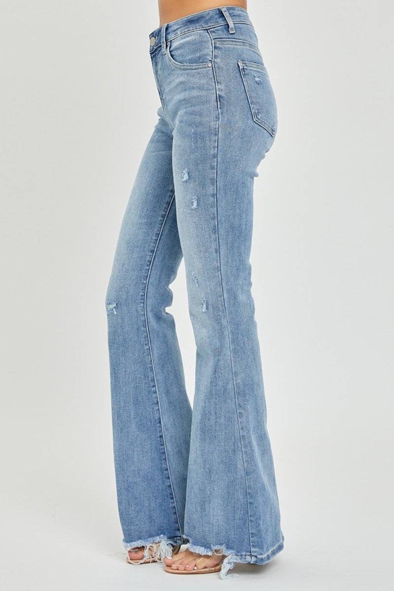 Risen Full Size High Rise Frayed Hem Flare Jeans - Bottoms