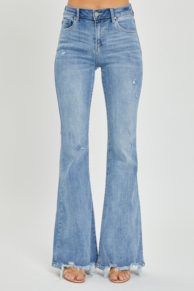 Risen Full Size High Rise Frayed Hem Flare Jeans - Bottoms