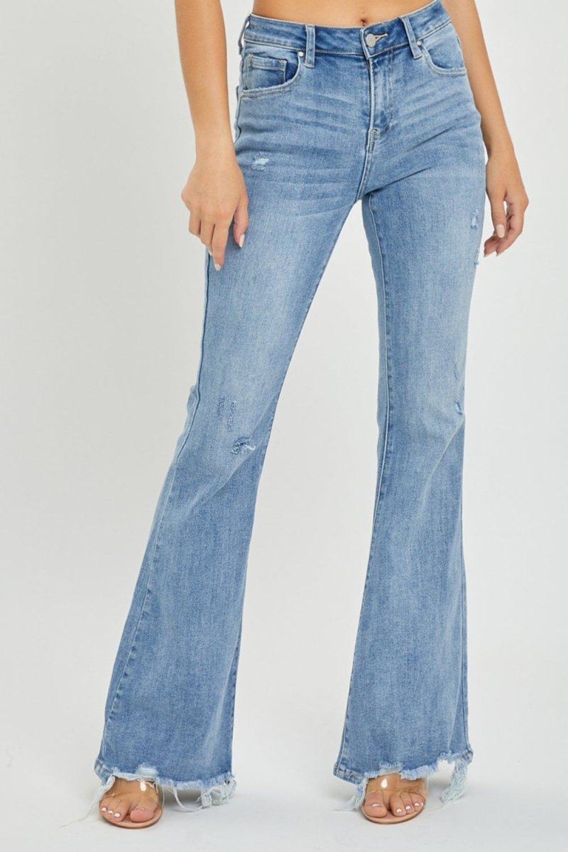 Risen Full Size High Rise Frayed Hem Flare Jeans - Bottoms