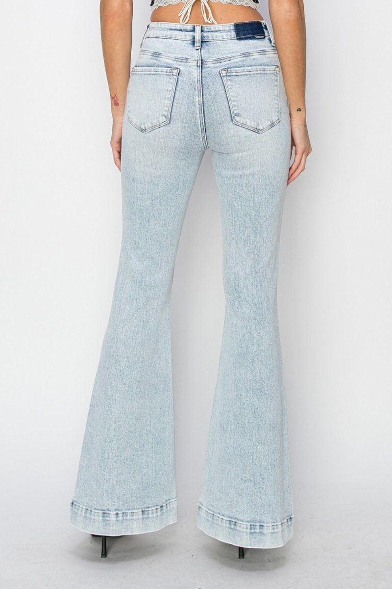 Risen Full Size High Rise Front Patch Pocket Flare Jeans - Bottoms