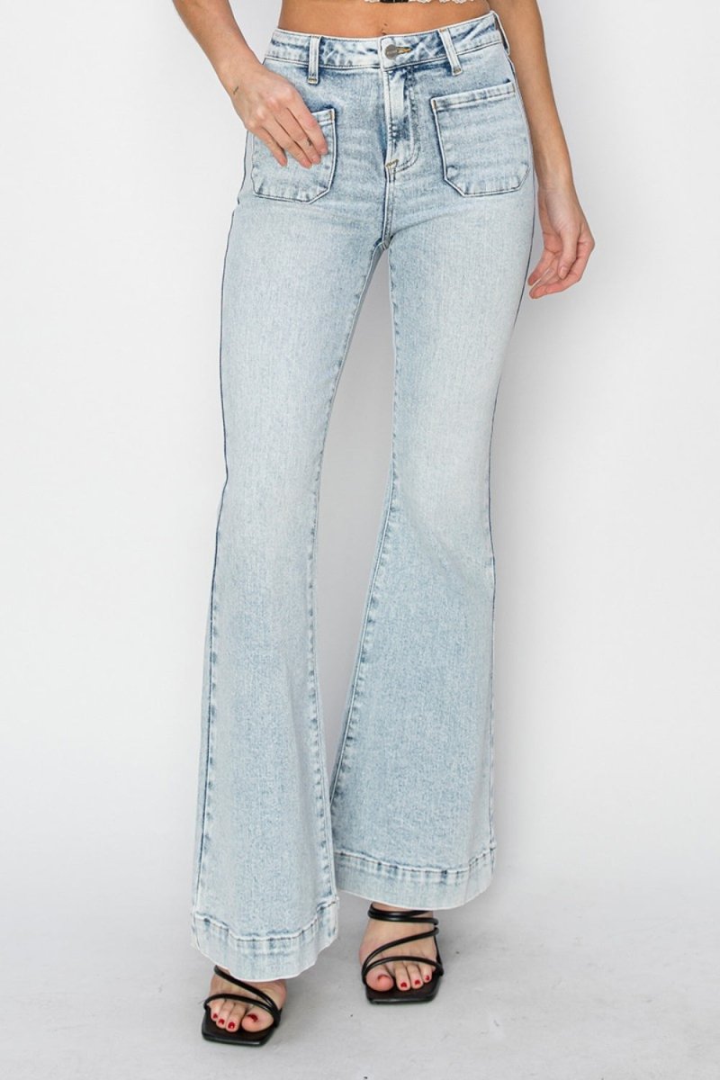 Risen Full Size High Rise Front Patch Pocket Flare Jeans - Bottoms