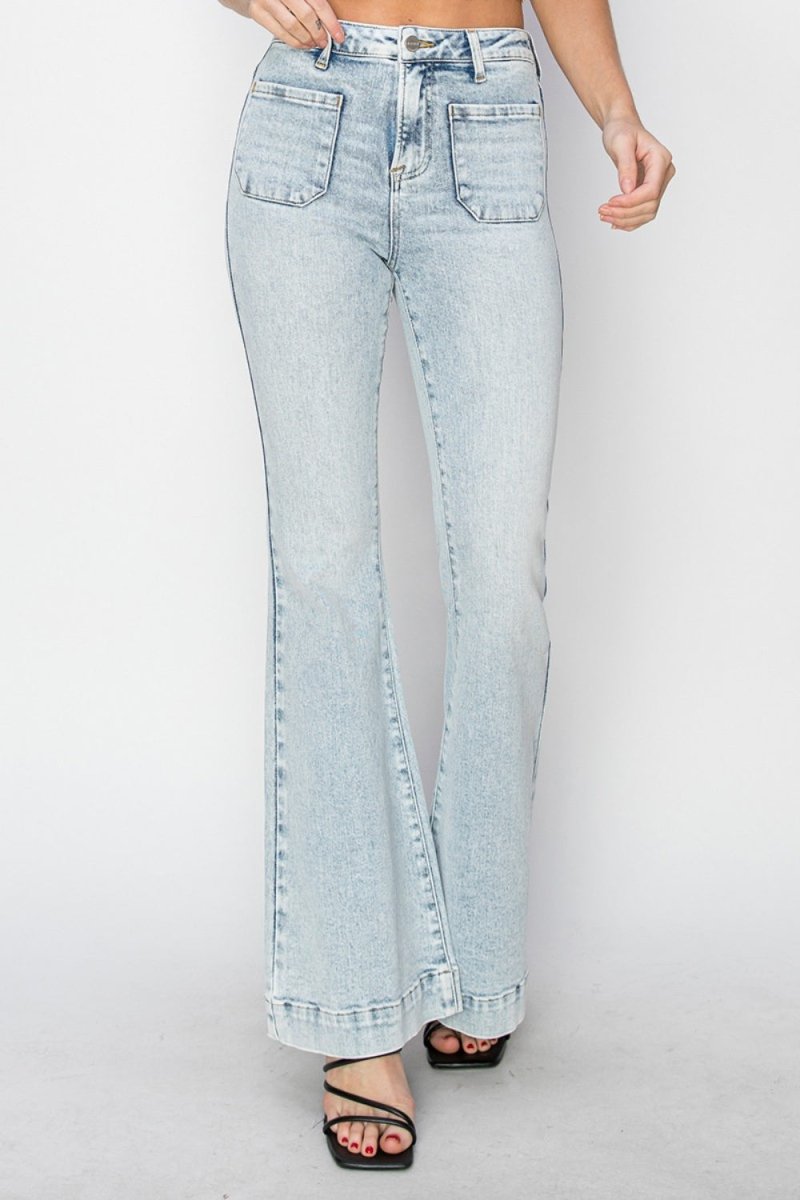 Risen Full Size High Rise Front Patch Pocket Flare Jeans - Bottoms