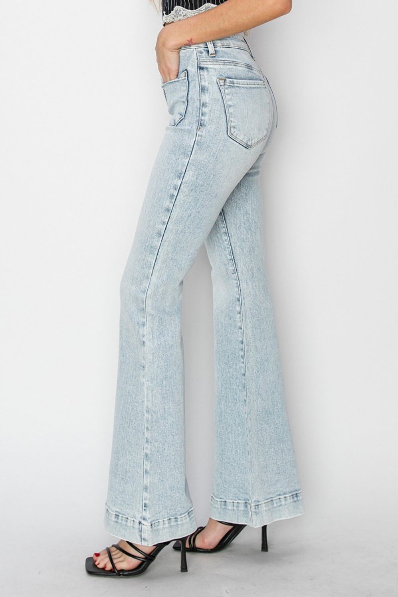 Risen Full Size High Rise Front Patch Pocket Flare Jeans - Bottoms