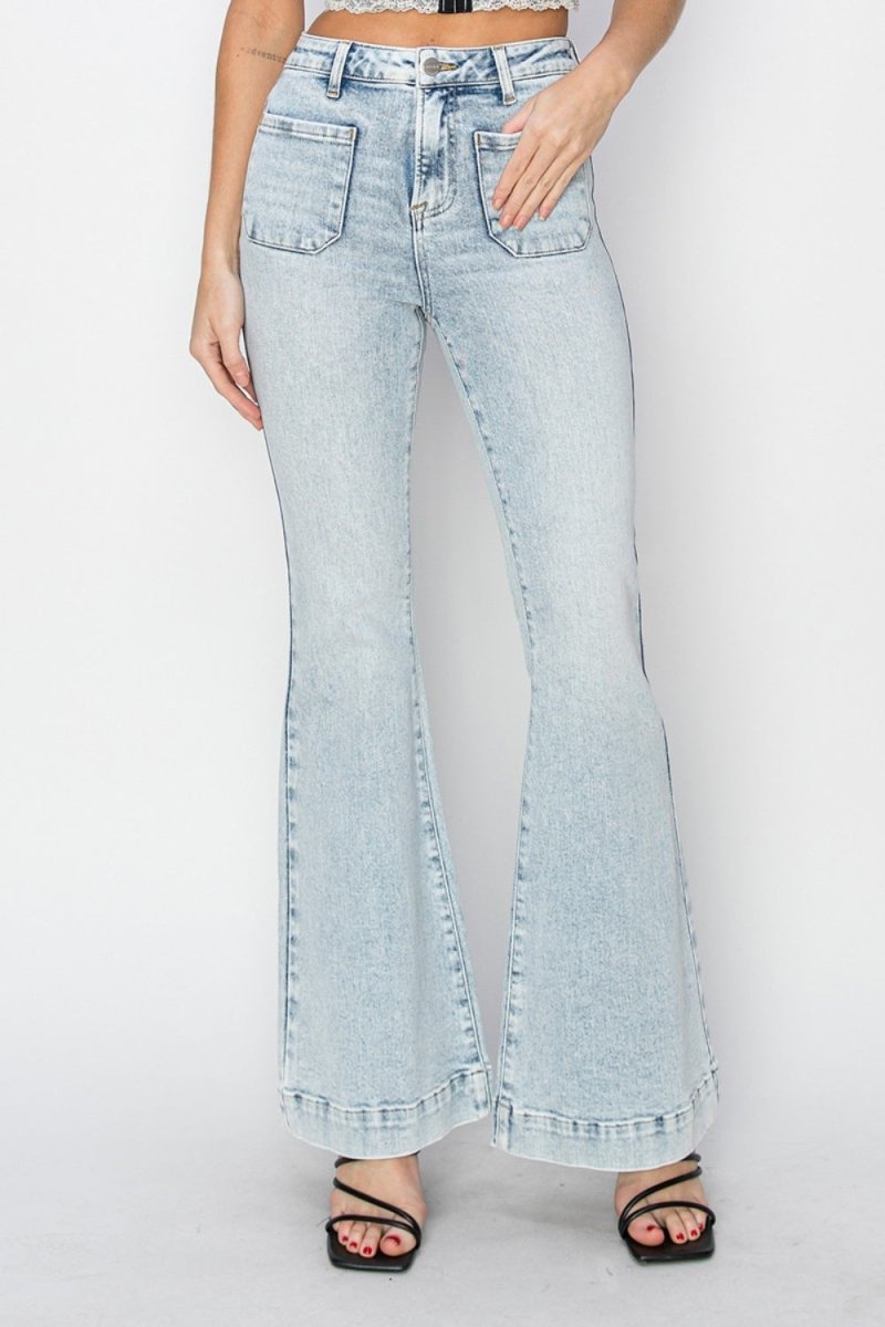 Risen Full Size High Rise Front Patch Pocket Flare Jeans - Bottoms