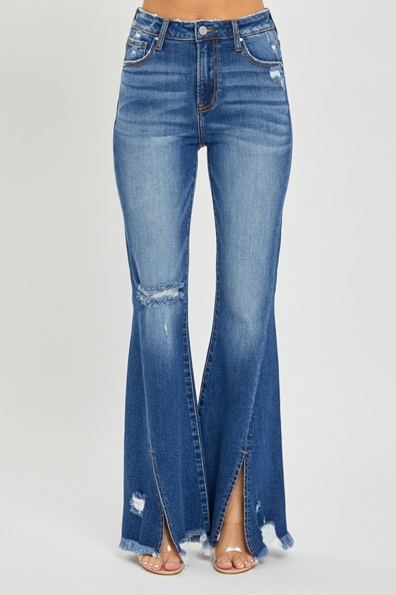 RISEN Full Size High Rise Front Slit Frayed Hem Flare Jeans - Bottoms