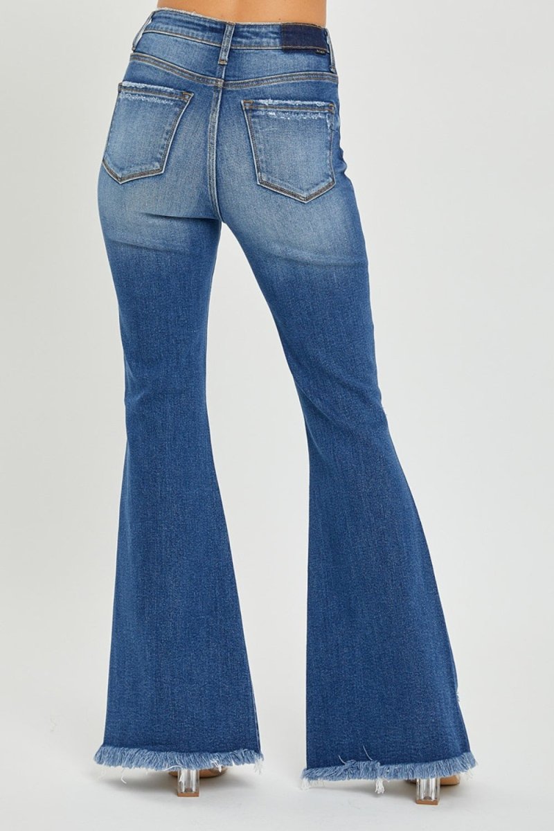 RISEN Full Size High Rise Front Slit Frayed Hem Flare Jeans - Bottoms