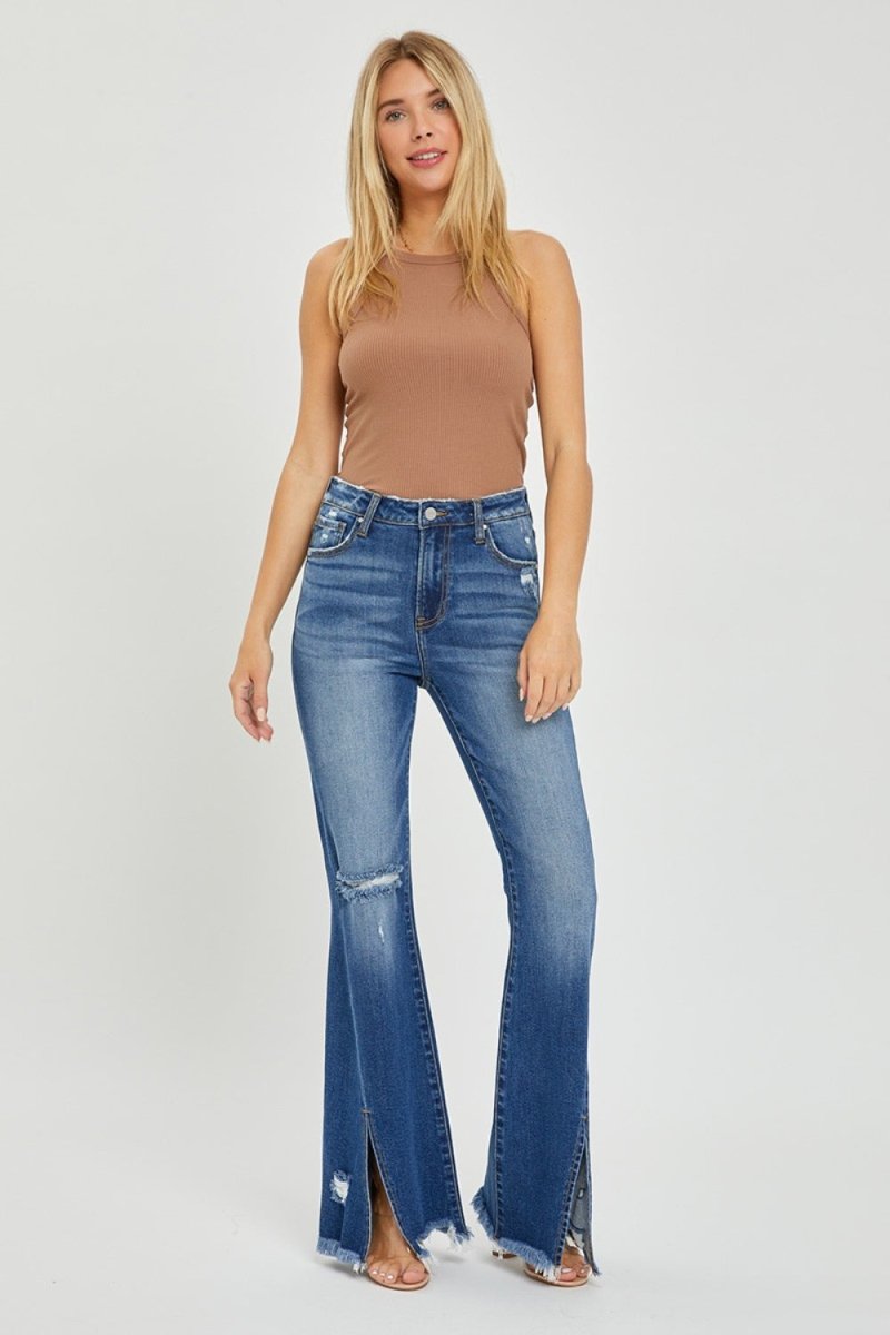 RISEN Full Size High Rise Front Slit Frayed Hem Flare Jeans - Bottoms