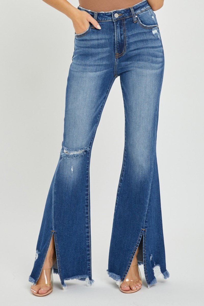 RISEN Full Size High Rise Front Slit Frayed Hem Flare Jeans - Bottoms