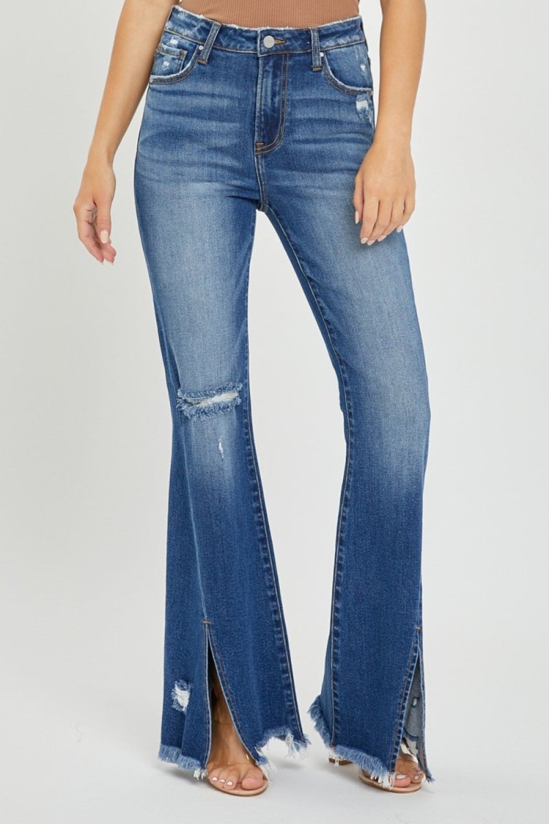 RISEN Full Size High Rise Front Slit Frayed Hem Flare Jeans - Bottoms