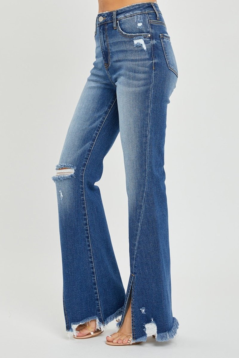 RISEN Full Size High Rise Front Slit Frayed Hem Flare Jeans - Bottoms