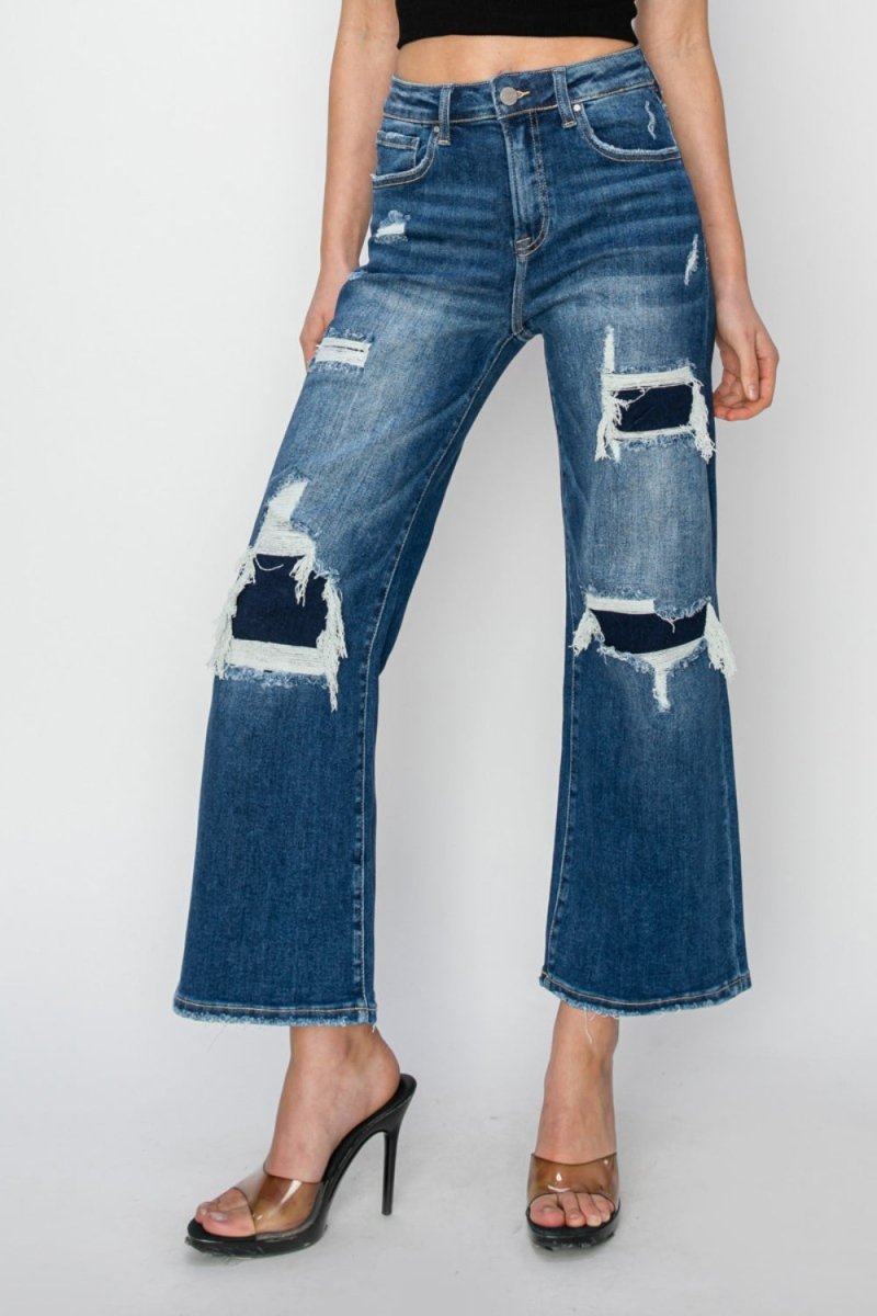 Risen Full Size High Rise Patch Detailed Wide Leg Crop Jeans - Bottoms