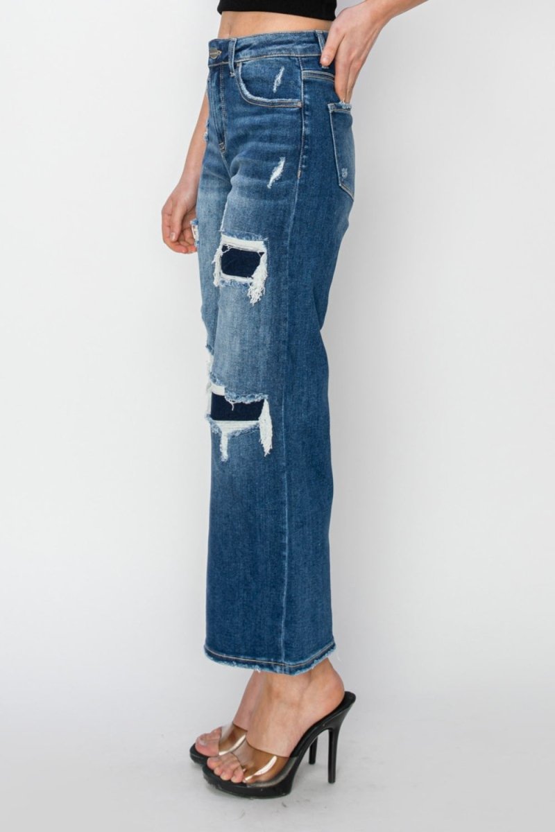 Risen Full Size High Rise Patch Detailed Wide Leg Crop Jeans - Bottoms