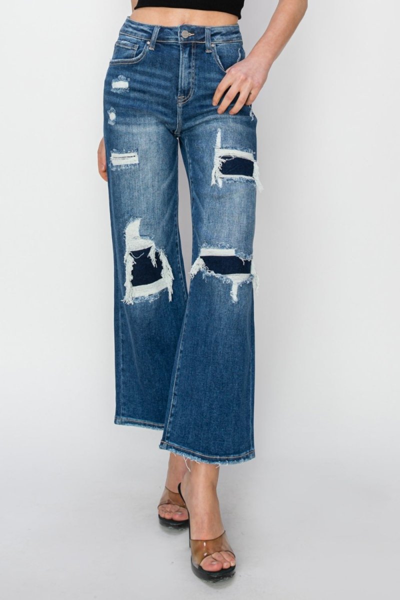 Risen Full Size High Rise Patch Detailed Wide Leg Crop Jeans - Bottoms
