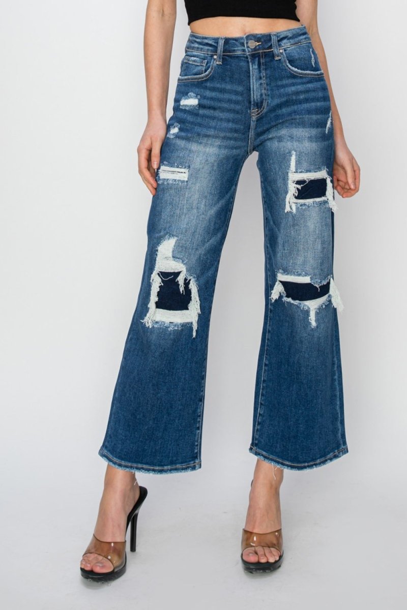 Risen Full Size High Rise Patch Detailed Wide Leg Crop Jeans - Bottoms