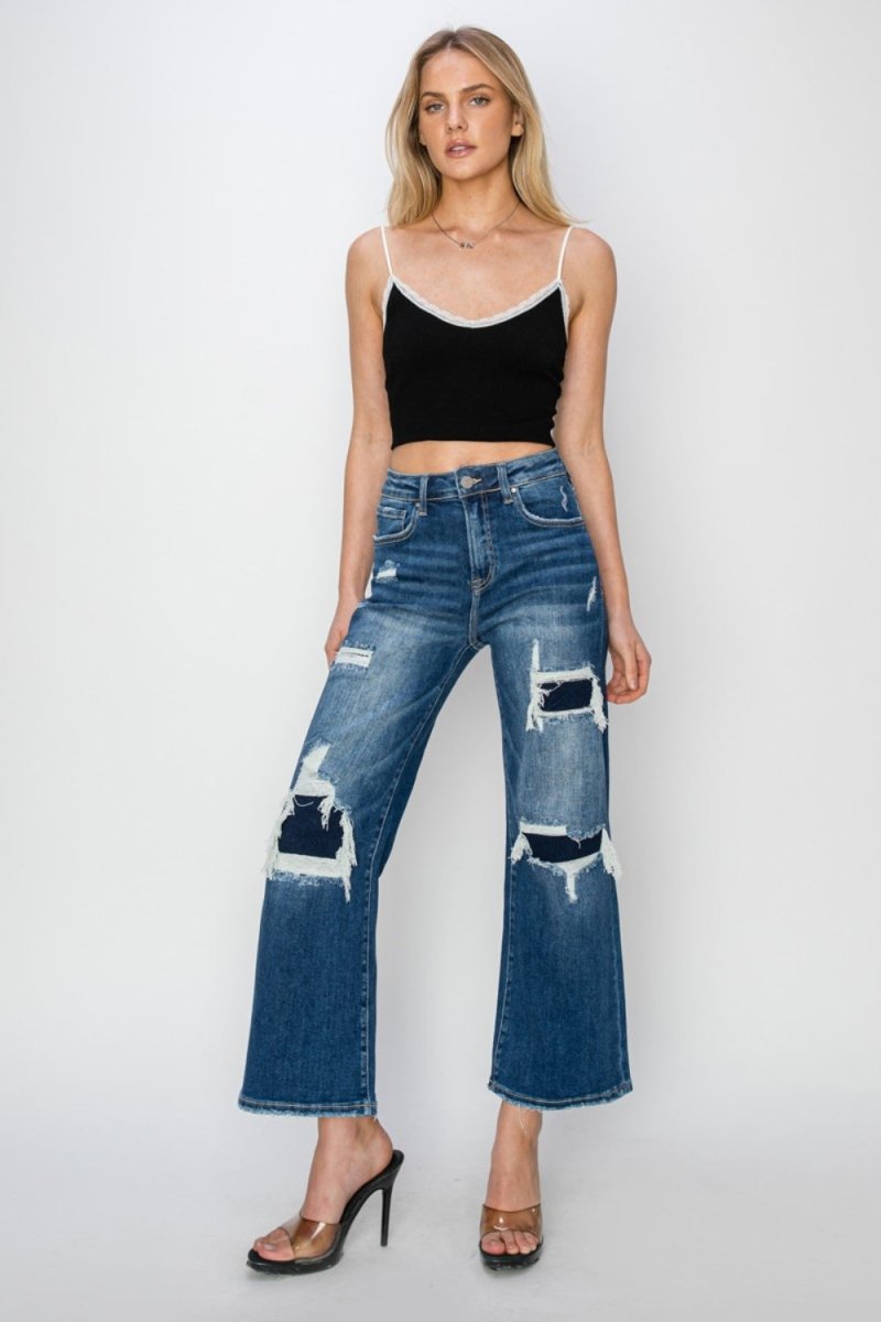 Risen Full Size High Rise Patch Detailed Wide Leg Crop Jeans - Bottoms