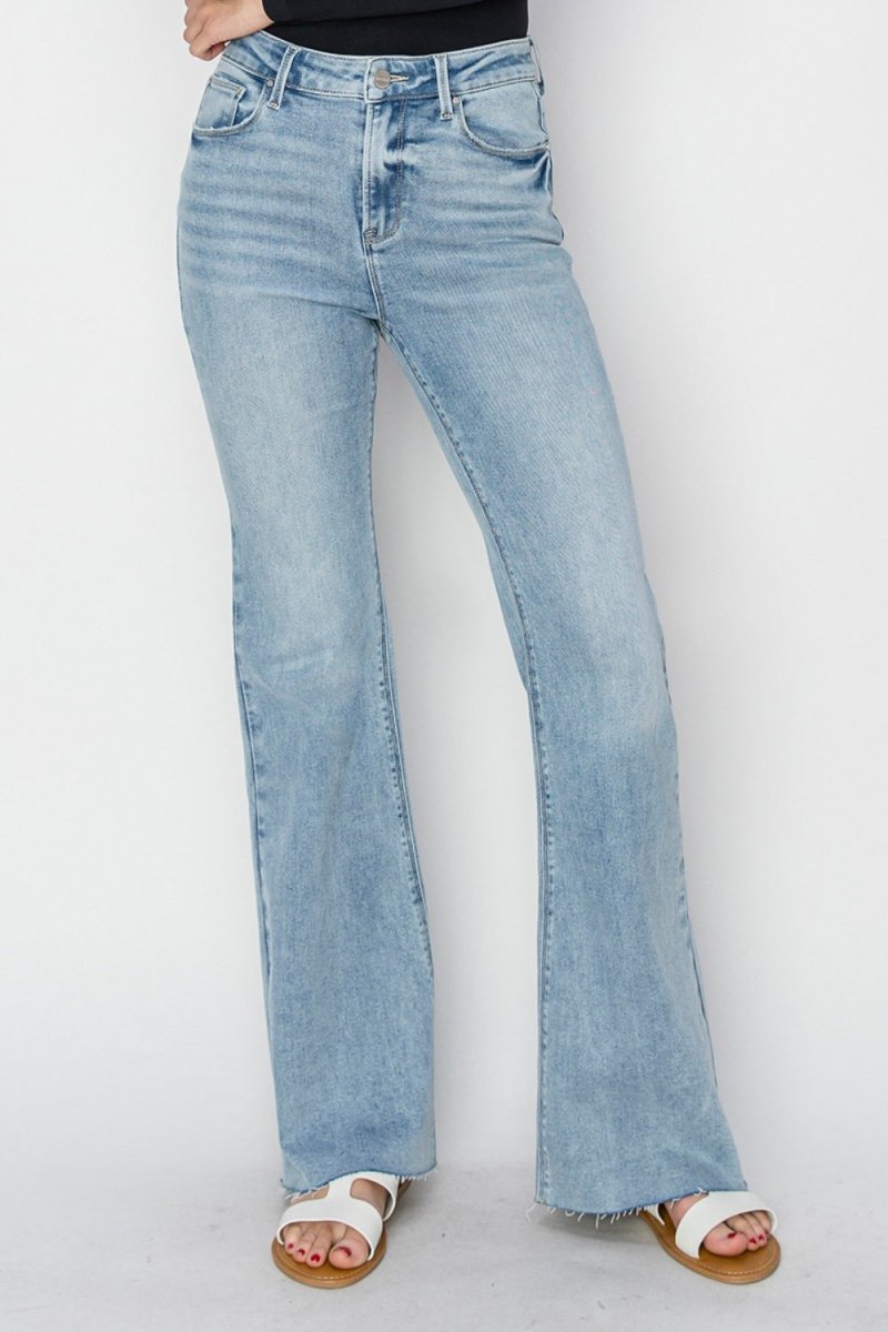 RISEN Full Size High Rise Raw Cut Hem Bootcut Jeans - Bottoms