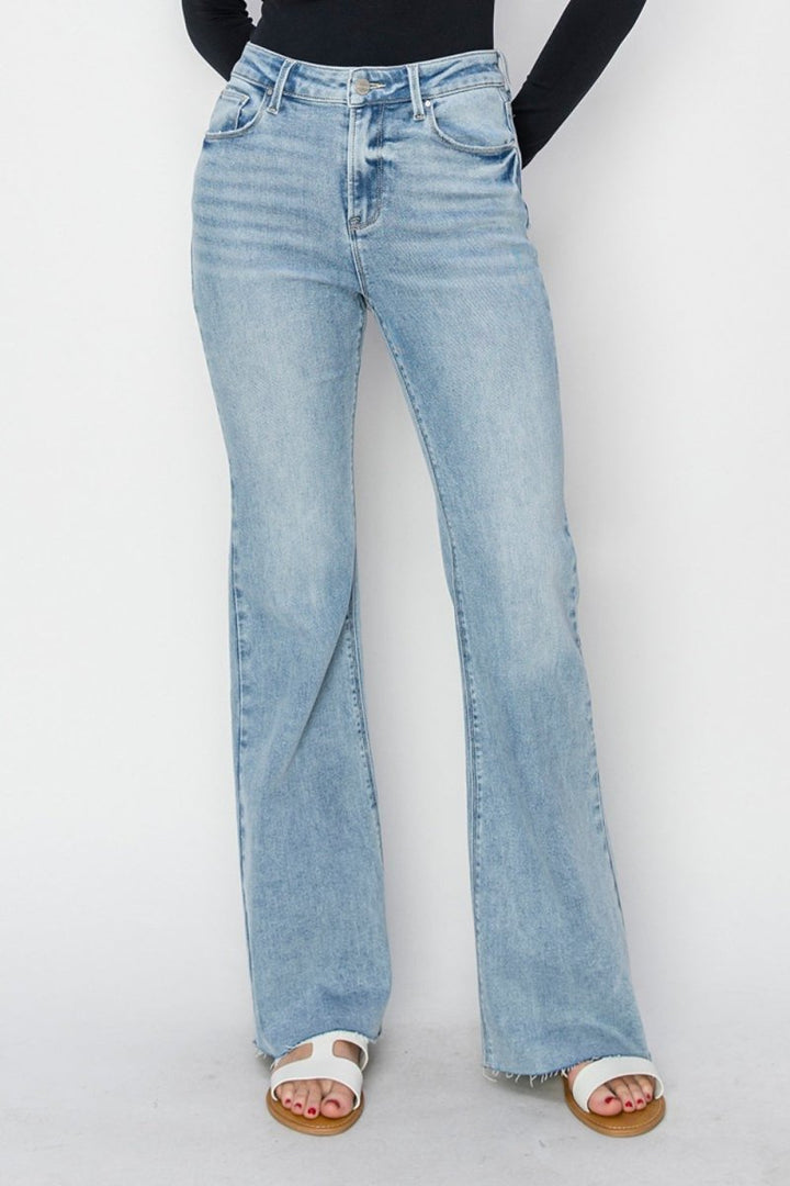 RISEN Full Size High Rise Raw Cut Hem Bootcut Jeans - Bottoms