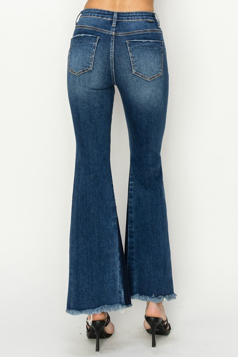 RISEN Full Size High Rise Side Shadow Seam Detail Slit Flare Jeans - Bottoms