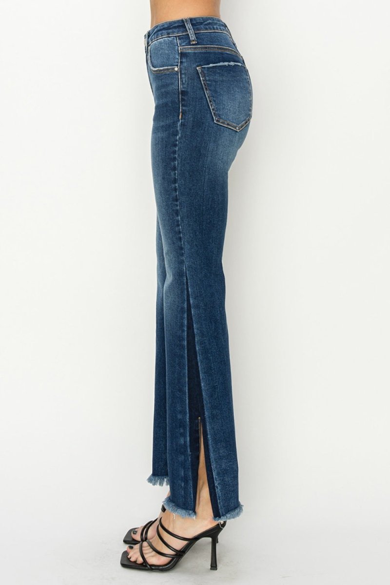 RISEN Full Size High Rise Side Shadow Seam Detail Slit Flare Jeans - Bottoms
