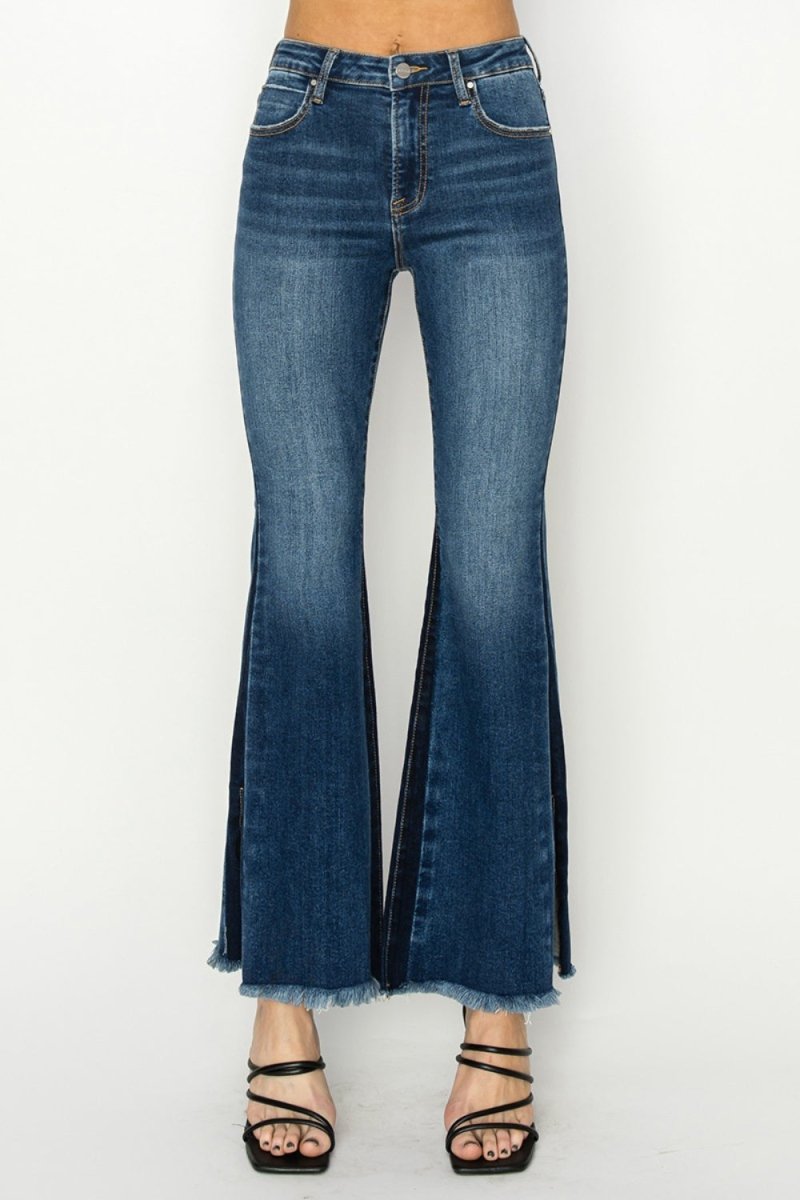RISEN Full Size High Rise Side Shadow Seam Detail Slit Flare Jeans - Bottoms